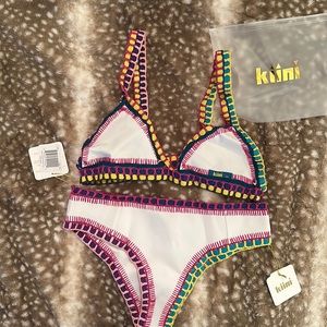 Kiini multi-color trimmed white bikini with tags never worn